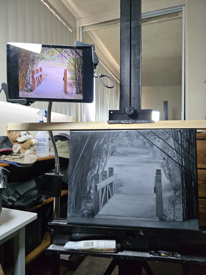 Zen Passage as an oil painting in progress on the easel.